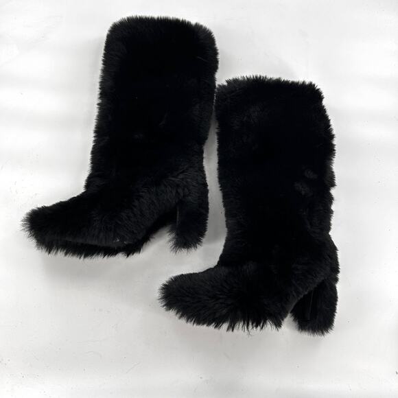 Jeffrey Campbell Fuzzie Boots 5.5 Black NWOT Faux Fur Tall Knee High Heel Glam - Picture 9 of 9